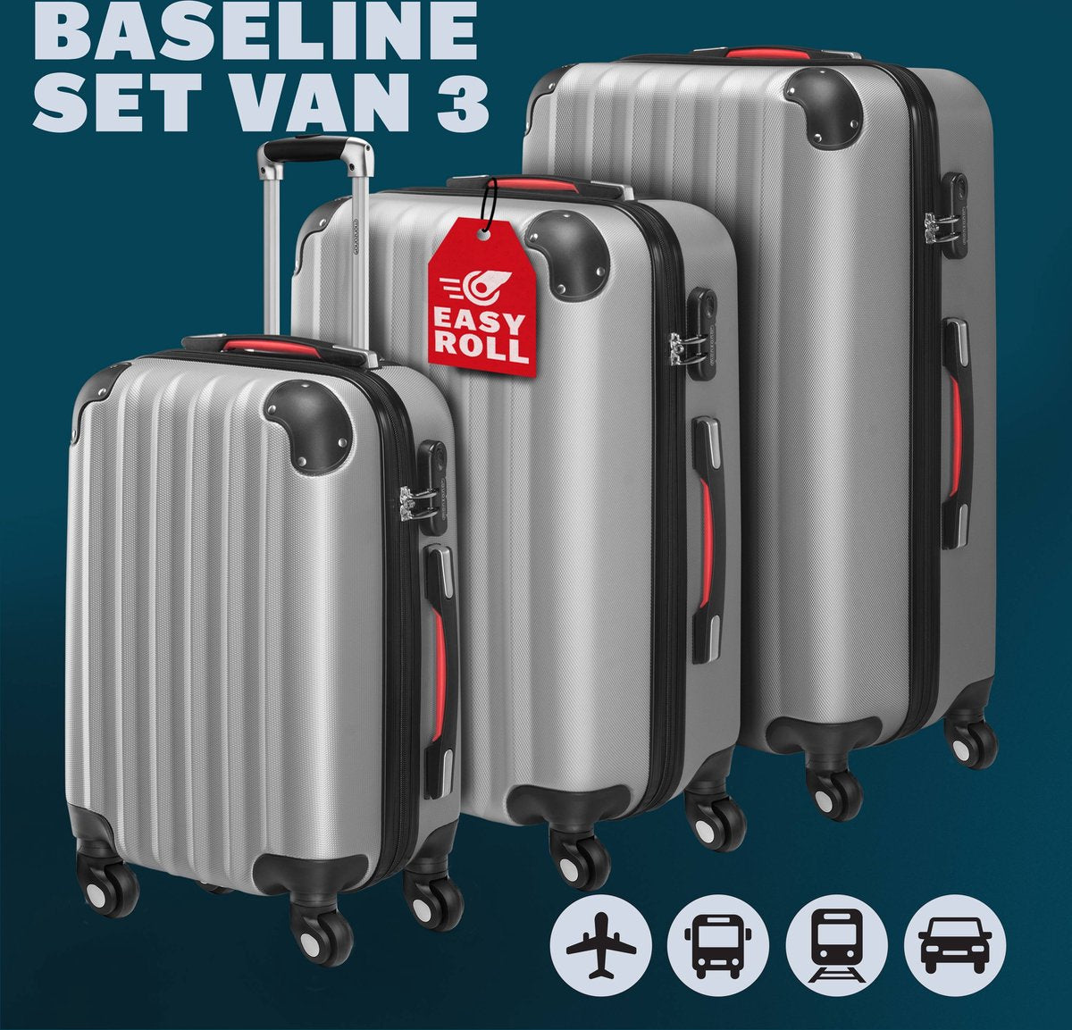 Monzana Kofferset Baseline 3-Delig – Voorzien Van 360° Dubbele Zwenkwielen En Cijferslot En Telescopische Handgreep – Voor Reis En Vakantie – Zilver ABS-Kunststof – M, L & XL
