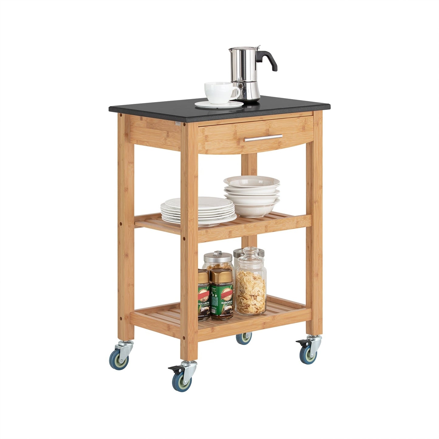 SoBuy Keukenwagen met 1 lade en 2 opbergplanken - Max. 50KG - 58 x 85 x 40 cm - Houtkleur