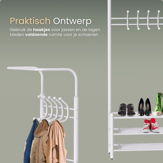 O'DADDY® Staande Kapstok – Met Schoenenrek – Garderoberek Metaal – 66×30×190 cm – Wit