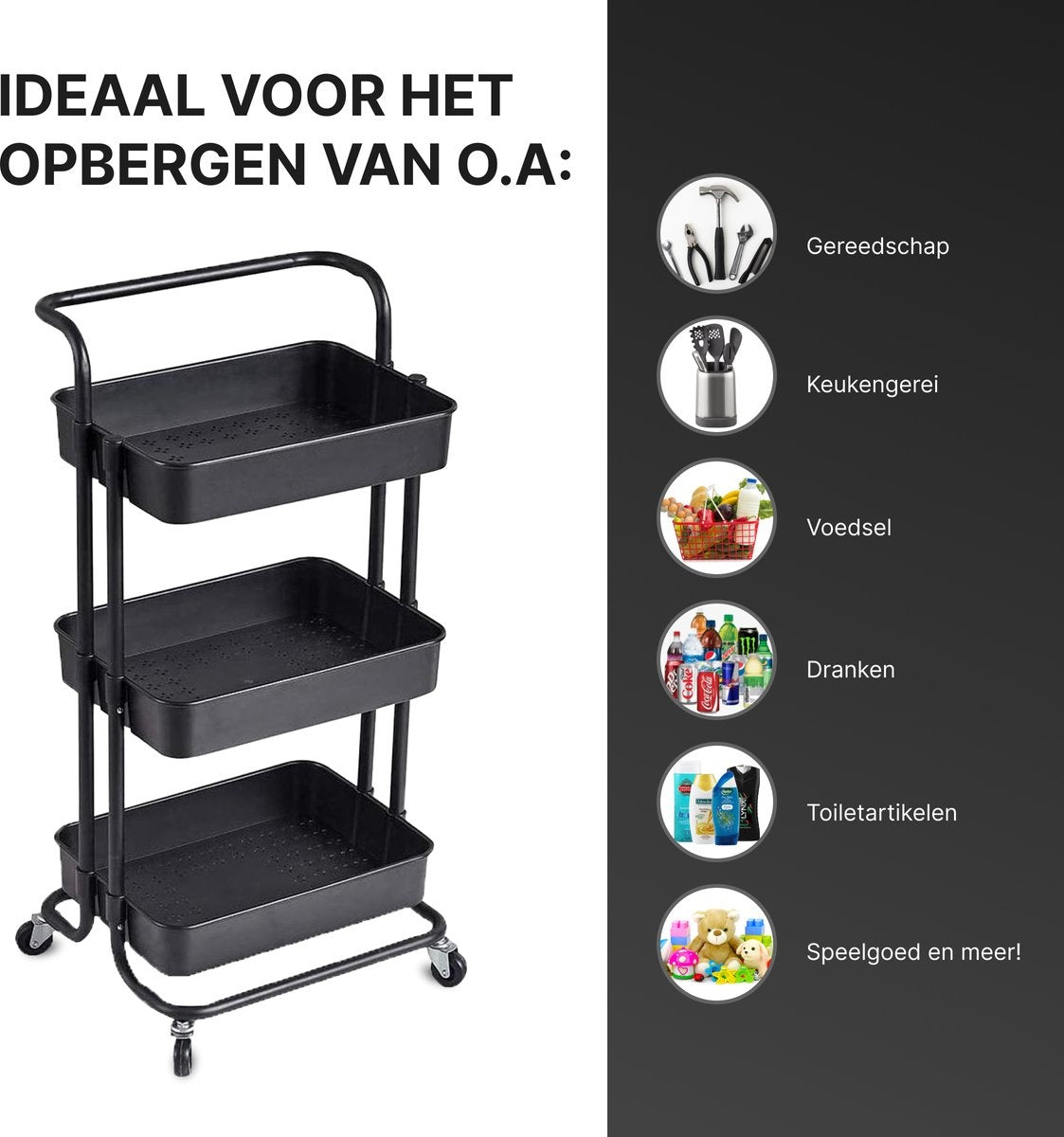 O'DADDY® Keukentrolley met Wieltjes - 3-Laags - 86 x 43 x 36 cm - Zwart