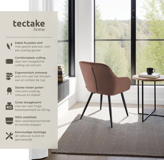 tectake® Eetkamerstoel Marilyn - Gestoffeerde Stoel in Fluweellook - Stikpatroon - Zwarte Stoelpoten - Ergonomische Keukenstoel - Met Doorlopende Rugleuning en Armleuningen - Stoel voor Woonkamer, Eetkamer, Slaapkamer - Bruin
