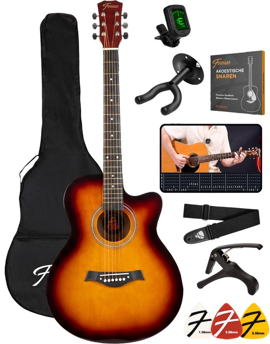 Finesse Akoestische Gitaar - met Videocursus - 4/4 40" - Western Gitaar - Gitaar Kind & Volwassenen - Sunburst
