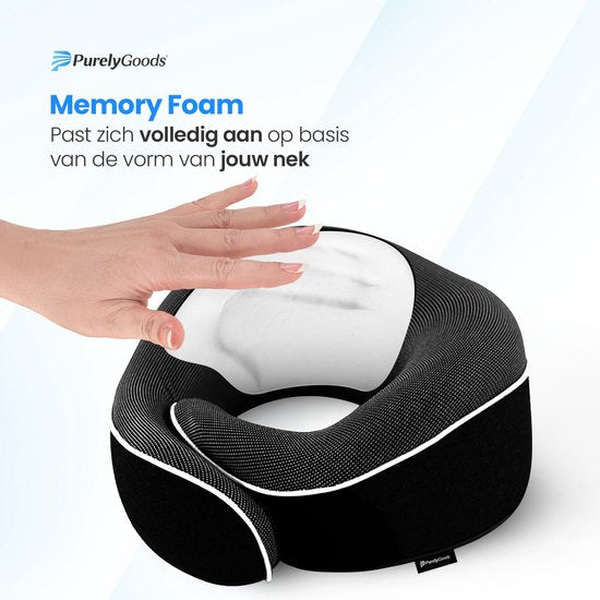 PurelyGoods® Nekkussen - Luxe Reiskussen Set - Traagschuim - Memory Foam - Vliegtuig & Auto - Zwart - Incl. Slaapmasker en Oordopjes
