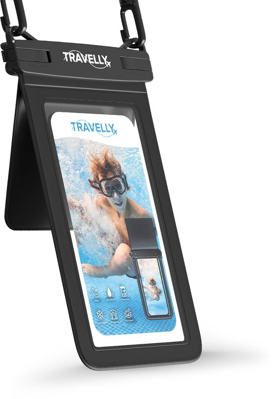 Travelly® Waterdicht Telefoonhoesje Met Extra Opberg Vakje – Universeel Onderwater Hoesje voor Smartphone – Geschikt voor alle telefoons – Drybag – Voor Vakantie, Zwemmen & Watersport – Zwart