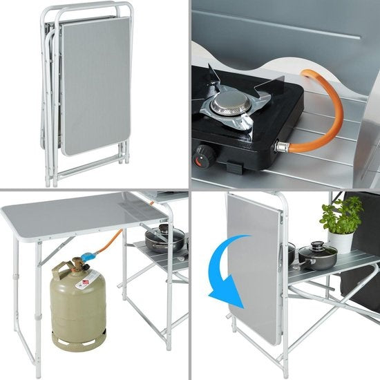 tectake® - Campingkeuken 172x52x104cm - Opvouwbaar - Afsluitbare compartimenten - Stevige werkbladen - Incl. windscherm- zwart