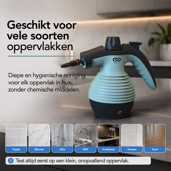 Infinity Goods Stoomreiniger - 12-in-1 Handstoomreiniger - Handstomer - Vlekkenreiniger - Tapijtreiniger - 10 Opzetstukken - 1050 Watt - 3.2 Bar - Groen