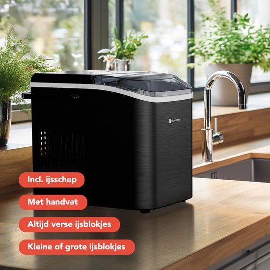 KitchenBrothers IJsblokjesmachine - 1.5L - IJsblokjesmaker - IJsschep – 12kg/24 uur - Draagbaar - Zelfreinigingsfunctie - Gunmetal RVS