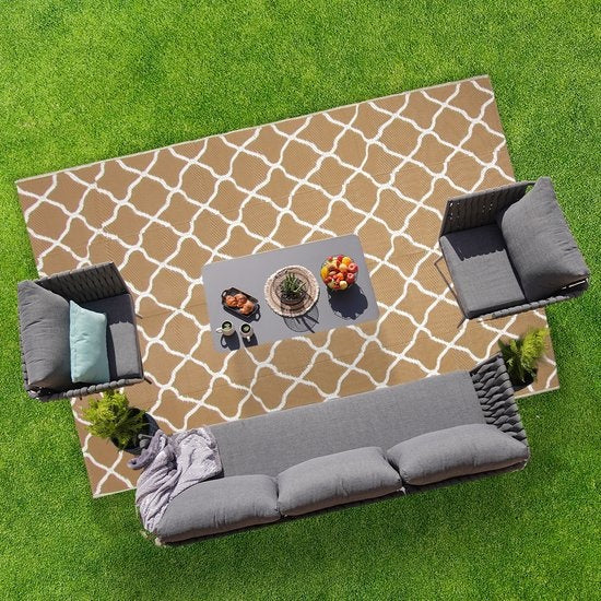 LifeGoods Buitenkleed - 183x290CM - Vloerkleed - Tuintapijt - Omkeerbaar - Incl. Draagtas - Met Patroon - Beige/Wit