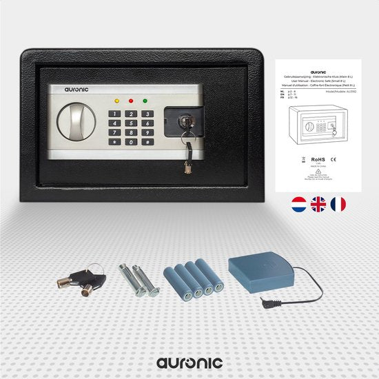 Auronic Elektronische Kluis - Cijferslot - Sleutel - Muurbevestiging - 4,3cm Deur - 130dB Alarm - 8L - 31x20x20cm - 4,5KG - Staal - Zwart