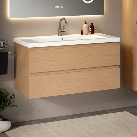Mirlux Badkamermeubel Licht Eiken 100 cm - Wastafel Wit - Badmeubel set - Wastafelmeubel Licht Eiken