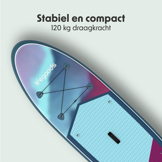 LifeGoods SUP Board Allround Compact - met Zitje - 100 KG Draagkracht - 300 x 76 cm - Opblaasbaar - Compleet SUP pakket - Blauw/Paars