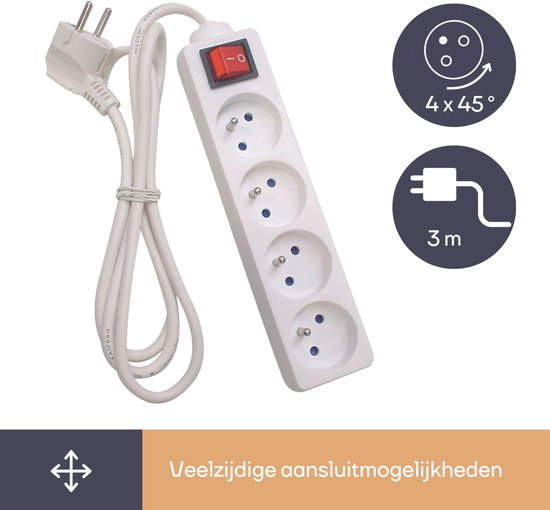 Perel Stekkerdoos met schakelaar, 4 stopcontacten met penaarde (type E), kabel 3 m, 3G1.5, gebruik binnenshuis, wit