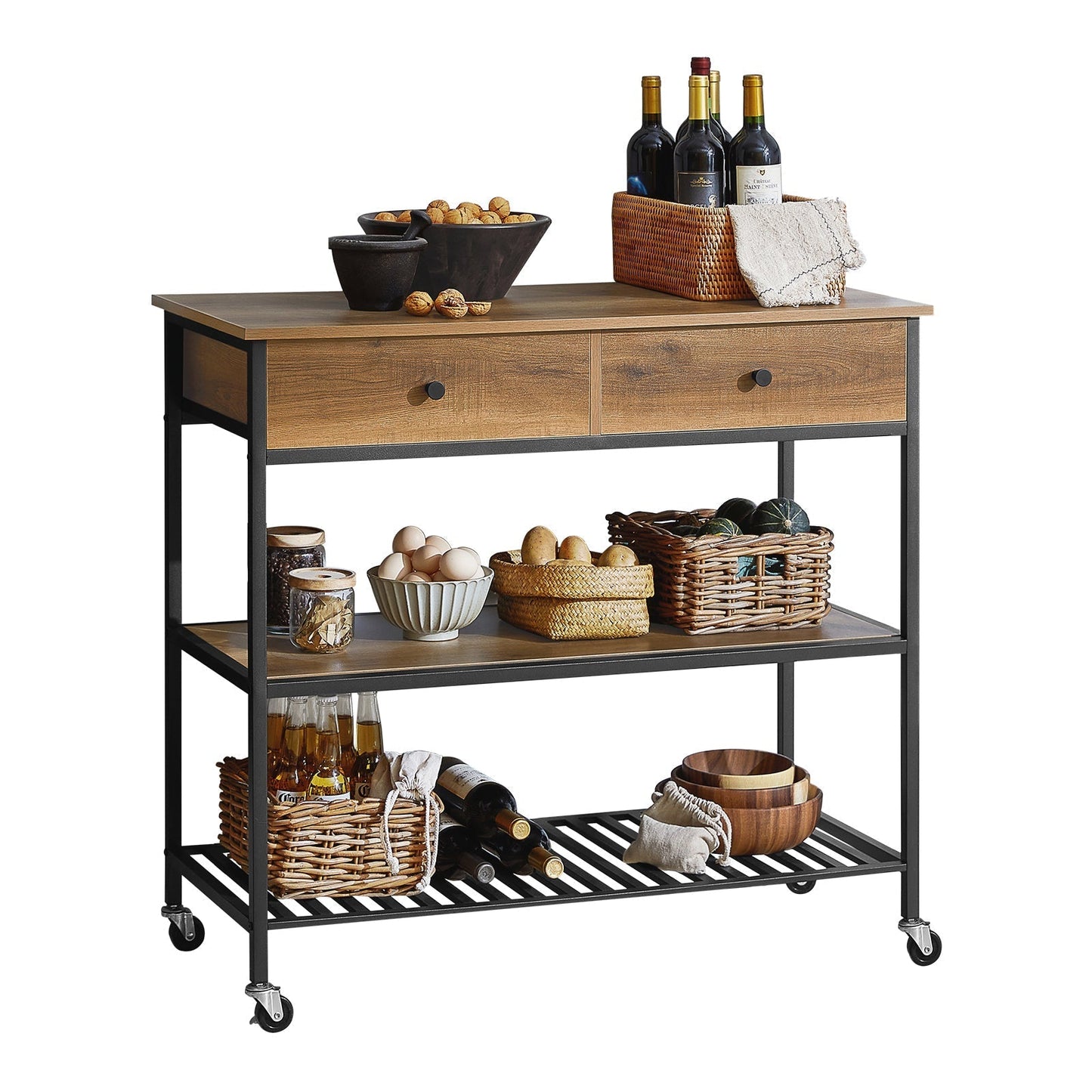 SoBuy Keukentrolley op wieltjes met 2 lades en 2 planken - 100x45x93 cm - Max. 60KG - Houtkleur donker