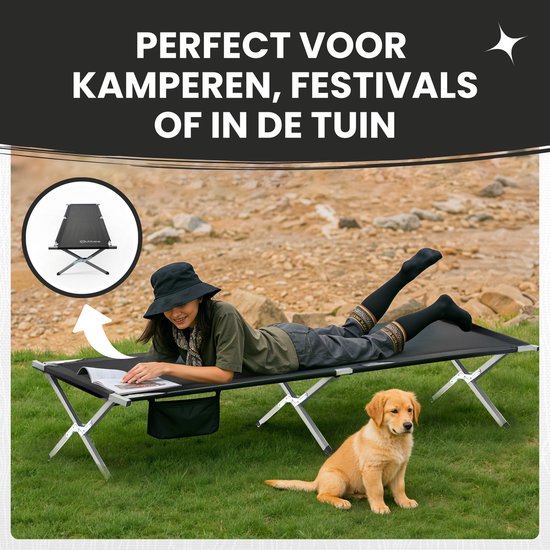 Outbee Veldbed - Kampeerbed - Stretcher - Opvouwbaar bed - Campingbed met draagtas - Draagkracht 150KG - 190 x 63 cm - Zwart