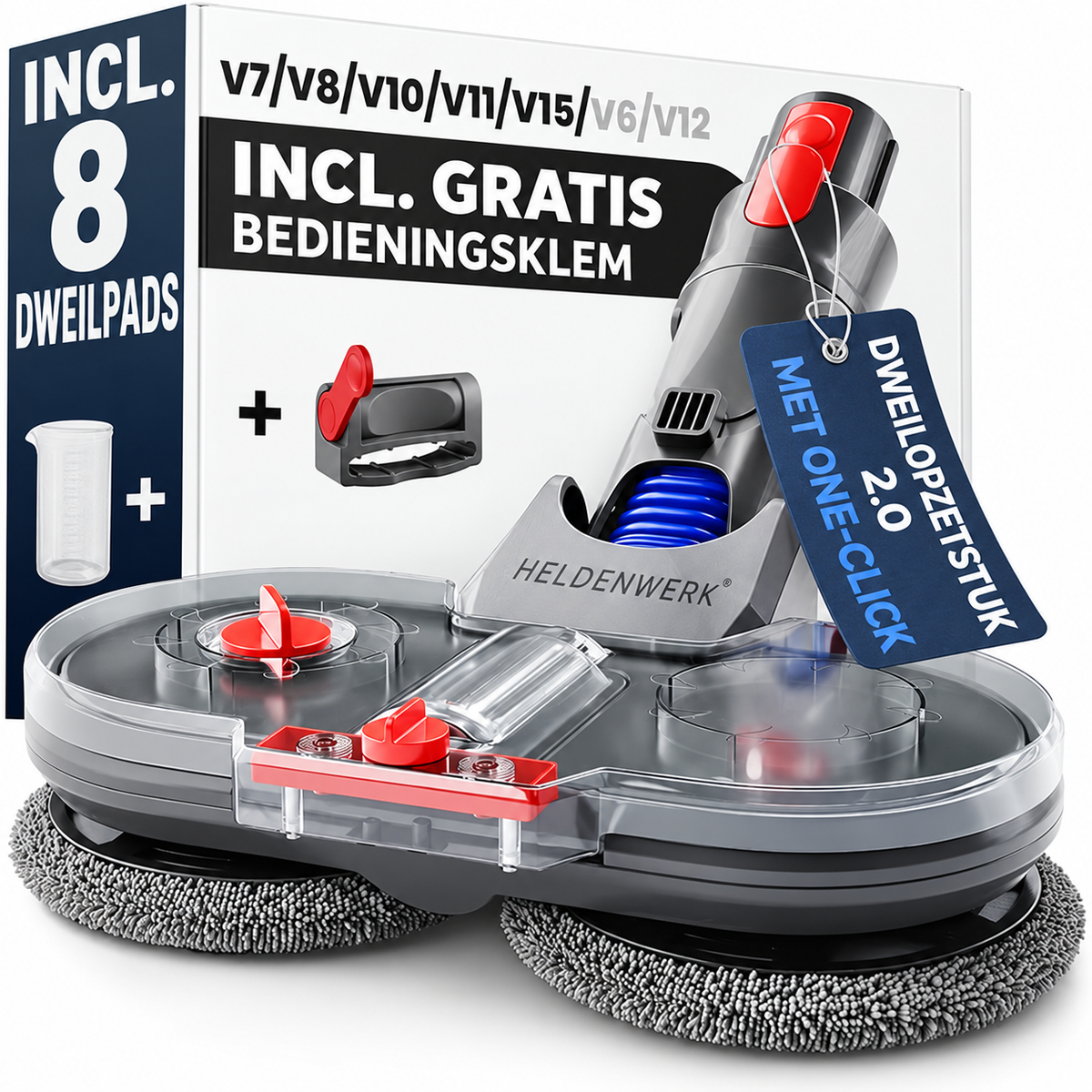 Heldenwerk Dweilopzetstuk voor Dyson V7/V8/V10/V11/V15 - Elektrische Vloerreiniger - 150 ml Watertank - 180° Draaibaar - Incl. 8 Dweilpads