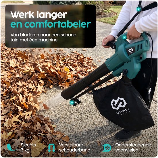 Infinity Goods Elektrische Bladblazer en Zuiger - 3500W - Versnipperfunctie - 45L Opvangzak - Op Snoer - 280 km/u Luchtsnelheid