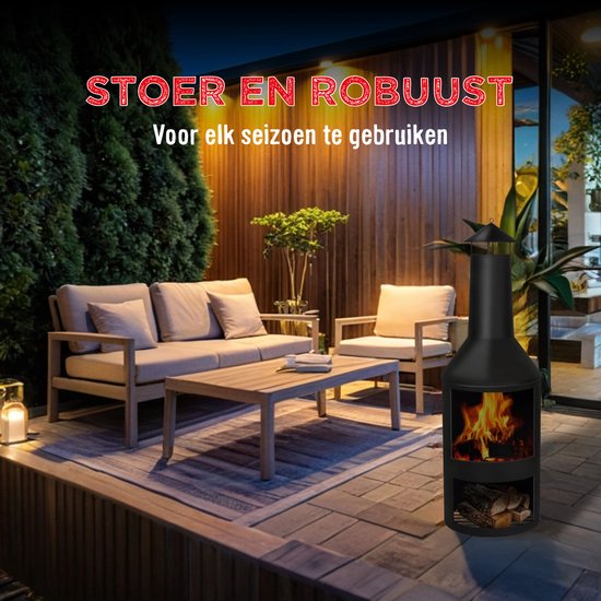 BBQ Collection Buitenhaard met Schoorsteen - Tuinhaard 134 x 44,5 x 44,5 cm - Terrashaard voor Brandhout - Terraskachel met As-Opvangbak, Pook en Houtopslag - Tuin en Terras - Carbon Staal