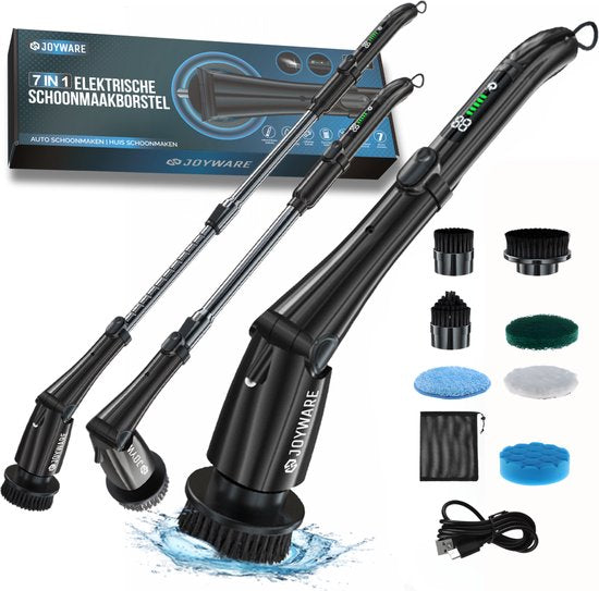 Joyware Elektrische Schoonmaakborstel Pro - Schrobborstel - Schrobber met Steel - Schrobmachine - Poetsmachine - Zwart - 7 Opzetstukken