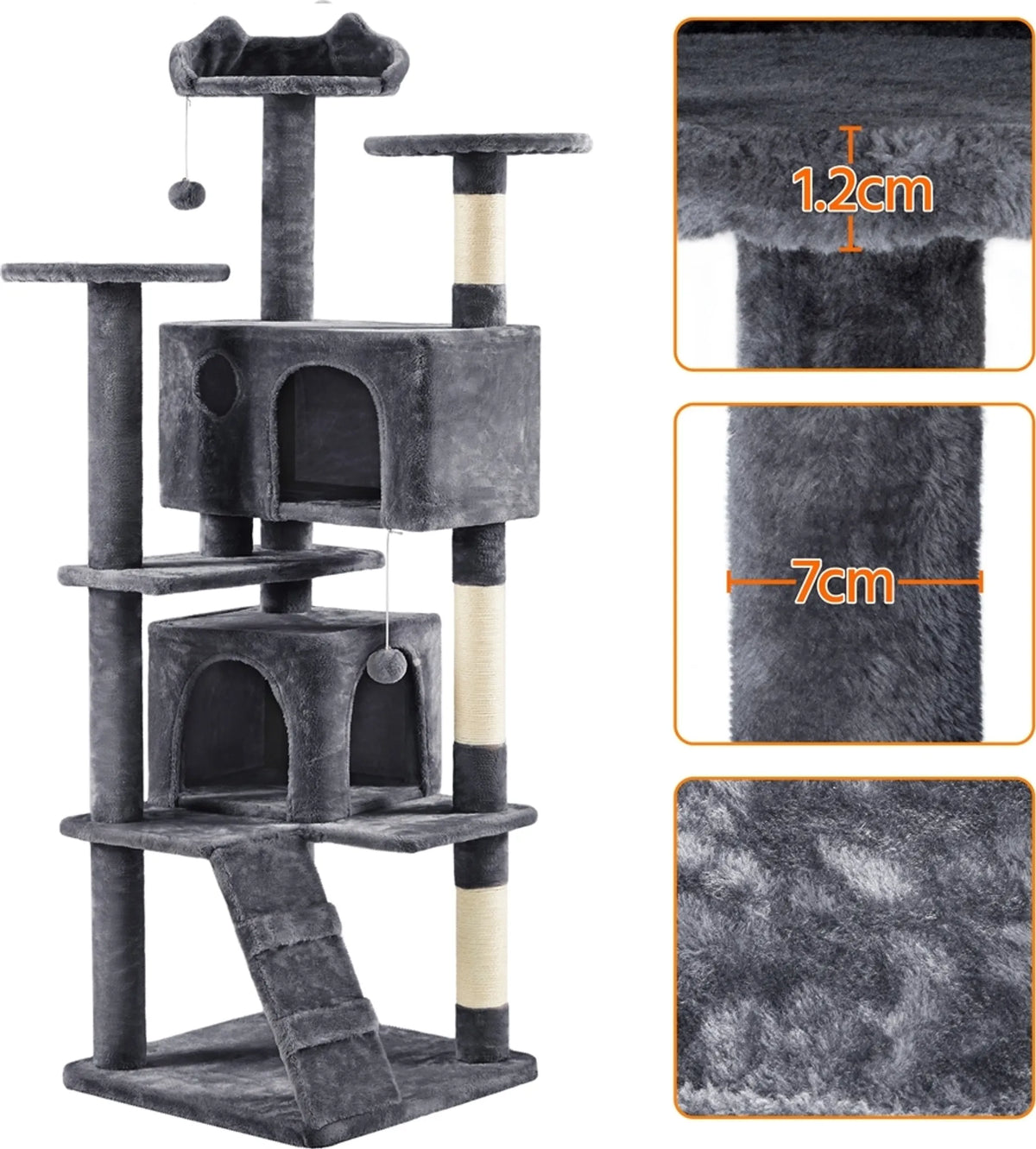 Yaheetech Krabpaal met 2 Grotten - 178 cm hoog - 54 x 54 cm - Donkergrijs