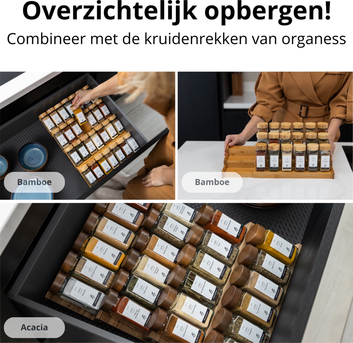 Organess Kruidenpotjes Set 42 Stuks Vierkant - Acacia Deksel - Inclusief Labels en Accessoires - 120ml