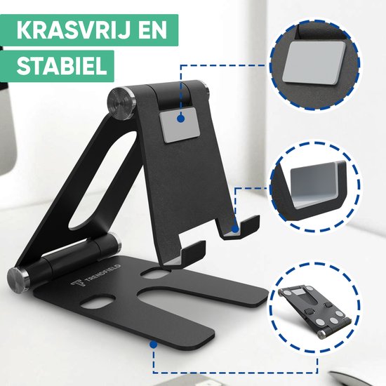 Serve Telefoon Standaard XL - Aluminium Houder voor Mobiel & Tablet - Telefoonhouder Bureau - Inklapbare Telefoonstandaard TTH105 - Zwart