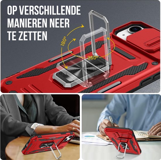 Podec Hoesje geschikt voor iPhone 14 Rood Telefoonhoesje - Anti-Shock Case Cover Hybrid Armor Hoes met Kickstand Ring met Screenprotector