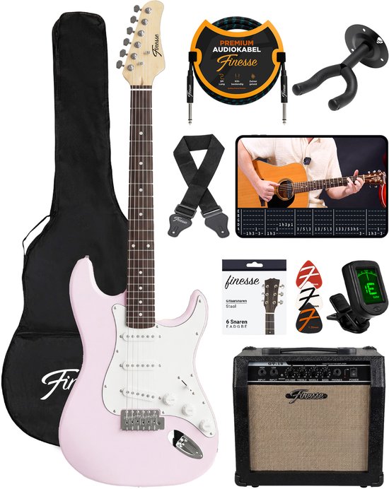 Finesse Elektrische Gitaar met Versterker - met Videocursus - Gitaar - Volwassenen - Kind - Roze