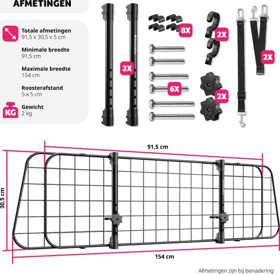 tectake® - Autohondenrek - Universeel met variabele breedte tot max. 154 cm - Kofferbakbescherming en scheidingsrooster - Incl. 2 veiligheidsgordels - Eenvoudige montage