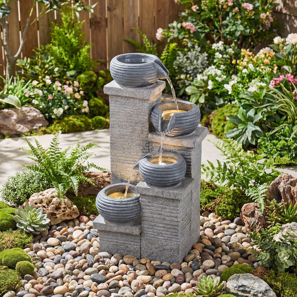 Coast Tuinfontein met LED-verlichting - Viertraps waterval - Kunsthars en glasvezel - Grijs 28 x 22 x 58 cm