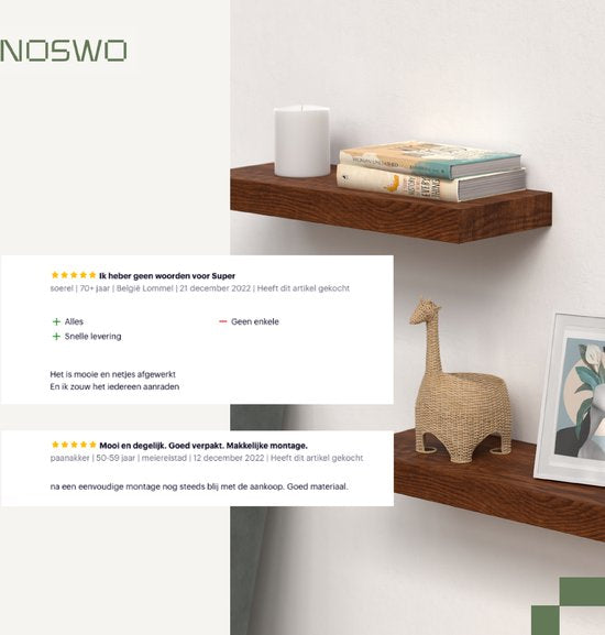 Noswo Zwevende Wandplank - Set van 2 met 15 kg Laadvermogen - Massief Mango hout - Muurplank - 43x16,8 x4 cm - Te gebruiken als Wandplank, Boekenplank en Fotoplank - Inclusief Bevestigingsmateriaal
