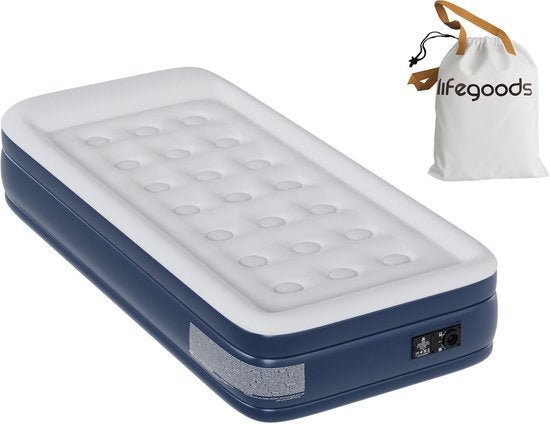 LifeGoods Luchtbed - 1 Persoons - Luchtmatras met Ingebouwde Pomp en Kussen - Opblaasbed - Incl. Draagtas en Reparatiekit - 196x96x47cm - Blauw/Wit