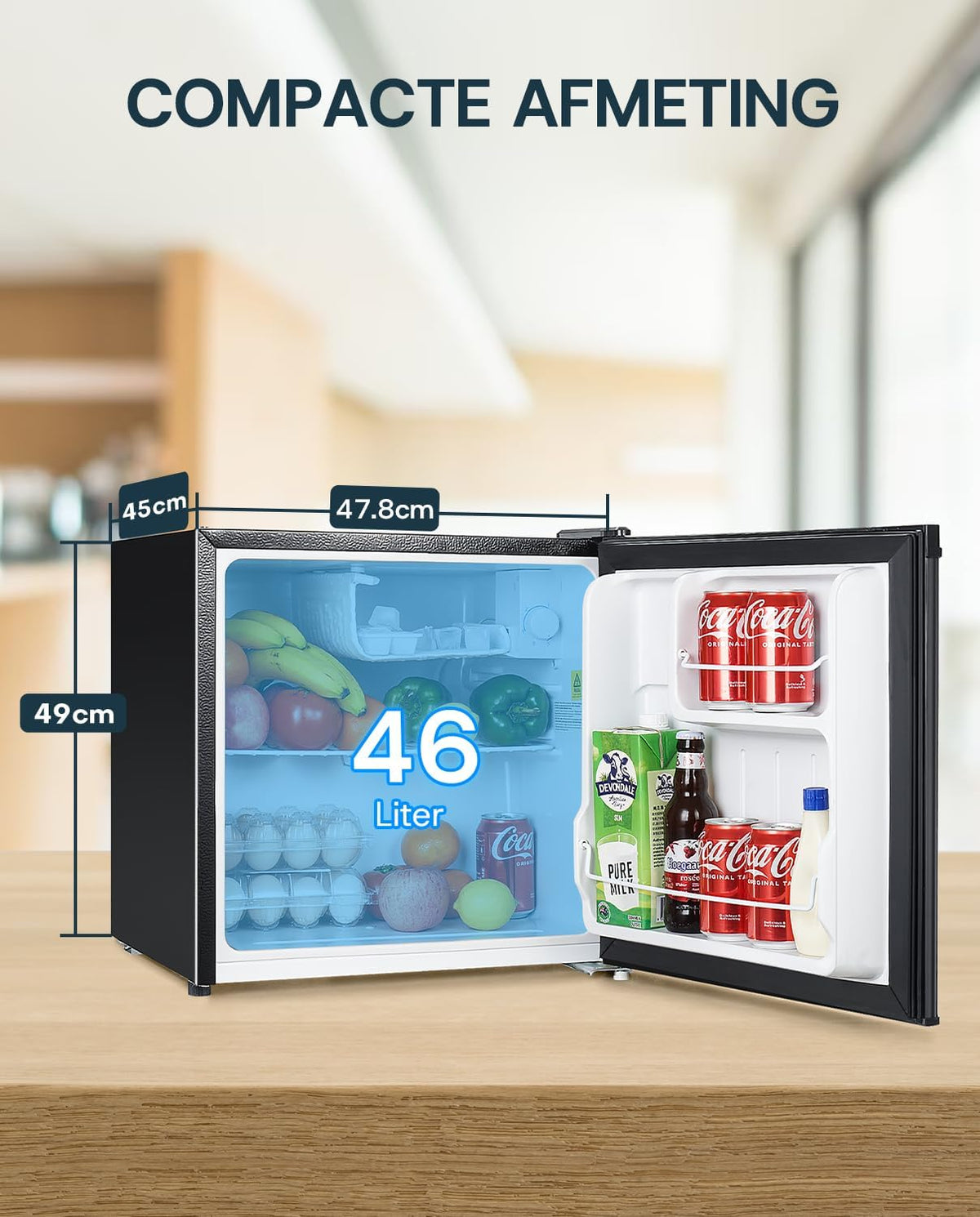 Upstreman Mini-Koelkast Met Vriesvak FR17 – 46 Liter – 41 dB Stil – Zwart – Metaal