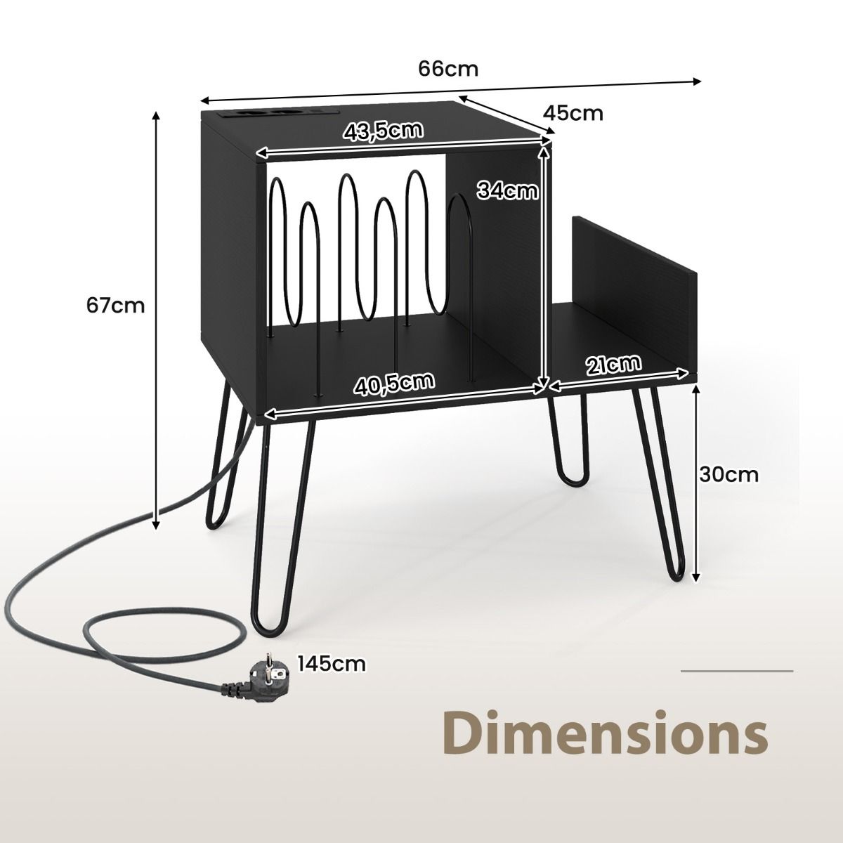 Coast Platenspelerstandaard - bijzettafel met stopcontact en USB - mid-century stijl - wit/zwart/bruin - 66 x 45 x 67 cm