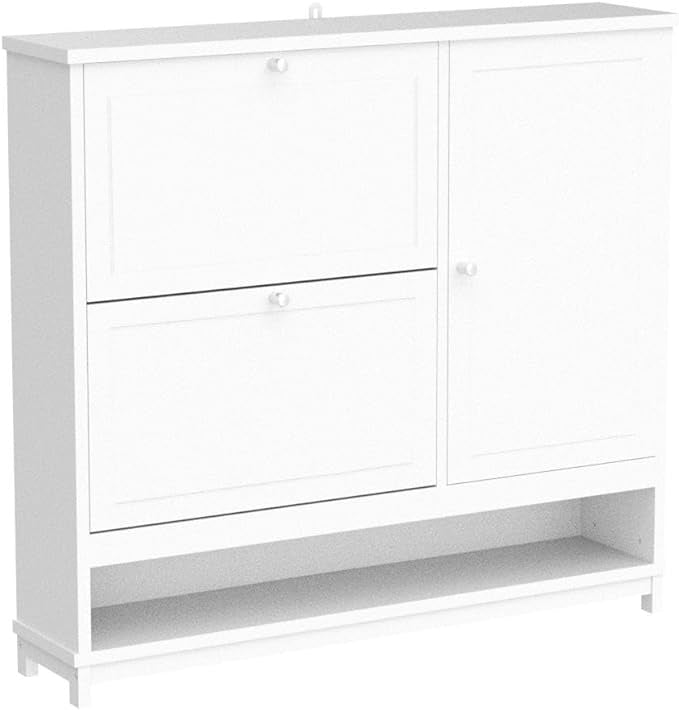 SoBuy FSR114-W Schoenenrek met 2 kleppen, 1 open vak en 1 deur schoenenkast smal schoenenrek wit BHT ca.: 102x96x24cm