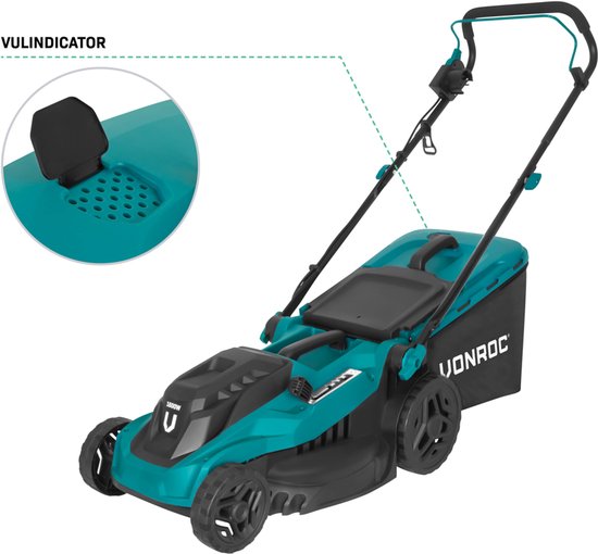 VONROC Grasmaaier - 1600W – 38 cm maaibreedte - Vijf instelbare maaihoogtes: 25/40/50/60/70 mm - Incl. 42L Opvangbak
