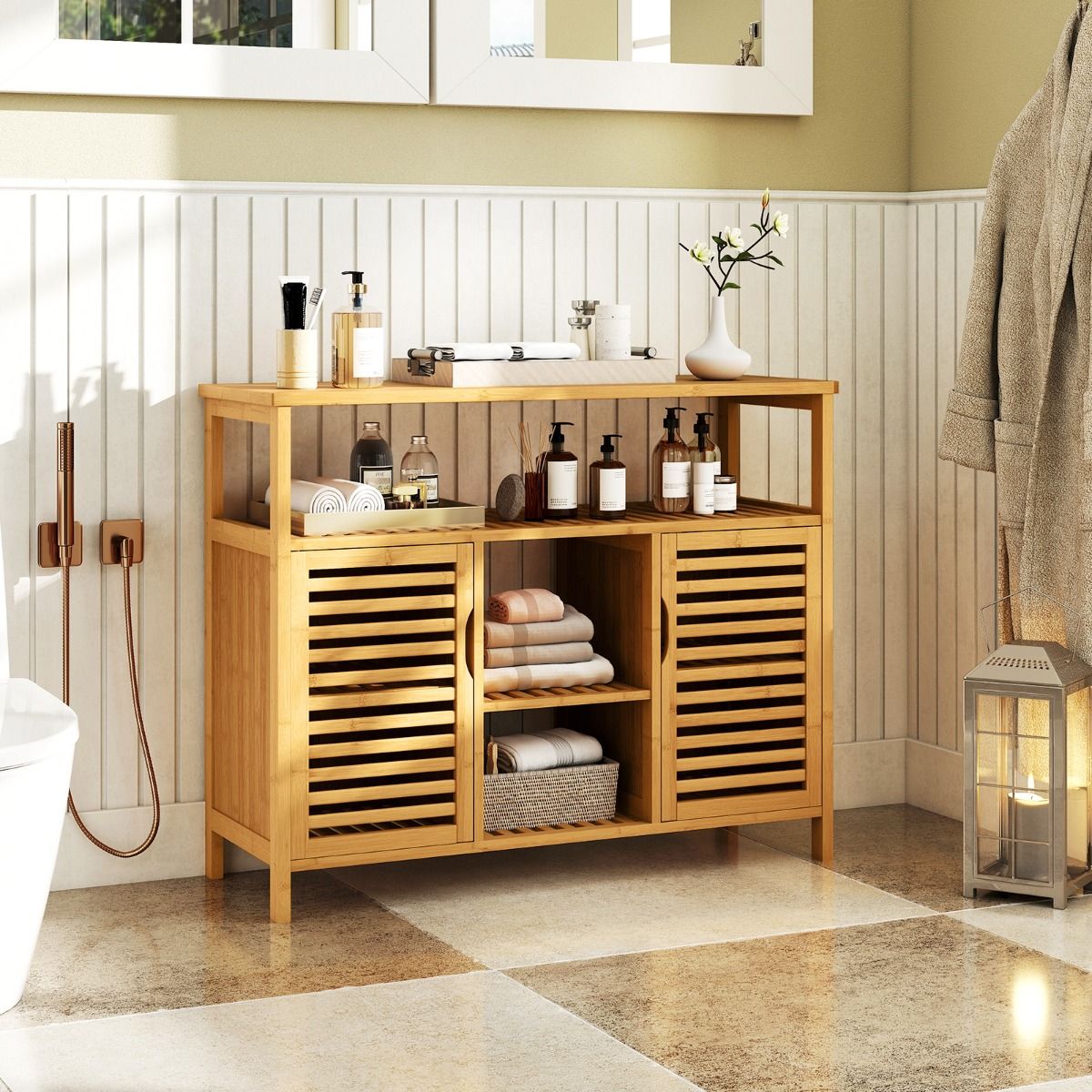 Coast Bamboe Badkamerkast - 2 deuren - open planken - natuurlijk - 100 x 35 x 80 cm