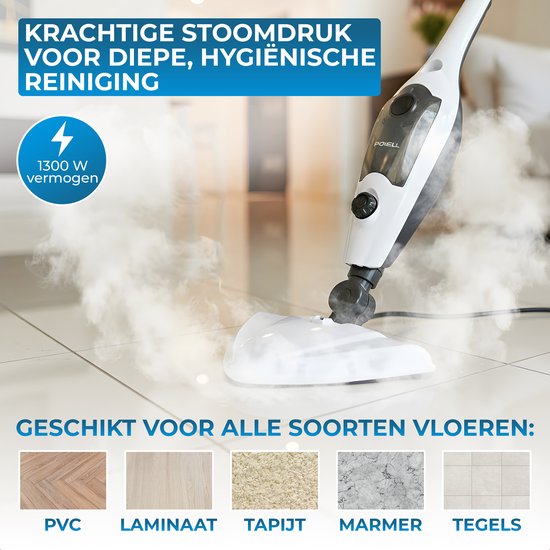 Powell Stoomreiniger - Handstoomreiniger - 2 in 1 - Tapijtreiniger - Stoomreiniger Vloer - Inclusief 10 opzetstukken - 240 V - 1300 W - Zwart/Wit