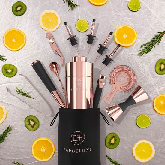 BarDeluxe® Cocktail Set - 12-Delig - Cocktailshaker 750 ml - Roestvrij Staal - Inclusief Luxe Geschenkdoos - Opbergtasje & Receptenboek - Rosé Goud