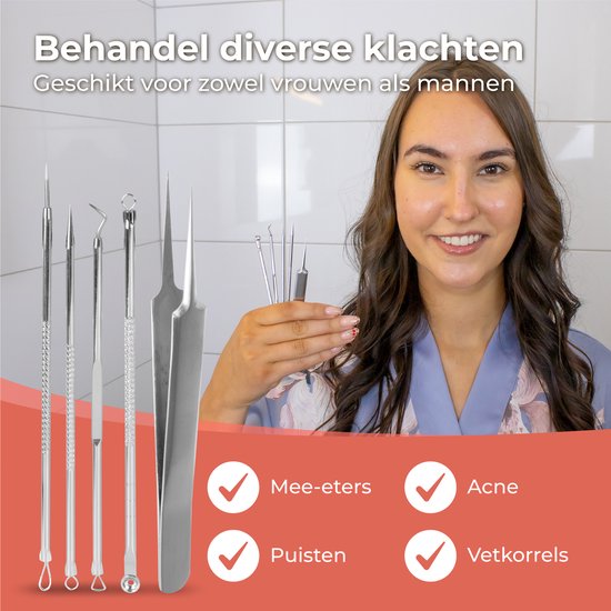 Nuvance - Mee Eters Verwijderen - Blackhead remover - Set van 5 - Mee Eter Verwijderaar - Comedonenlepel - Zilver