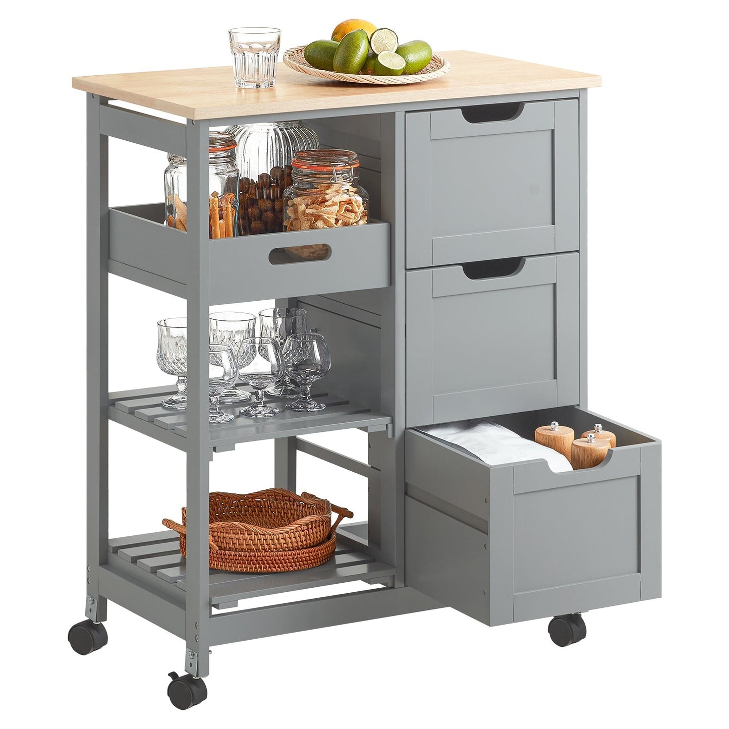 SoBuy - Keukentrolley met 3 Grote Laden - 68x85x38 cm - Grijs