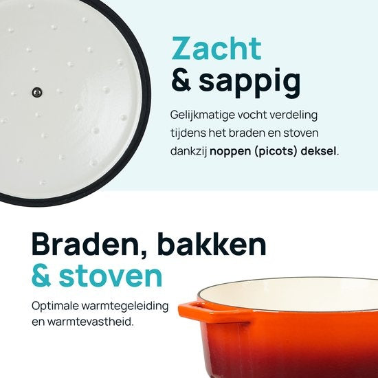 MOA Gietijzeren Braadpan - Inhoud 7,2 liter - 30CM - Rond - Alle warmtebronnen - Ook voor inductie - Gewicht 7,3 kg - Oranje Rood - C30OR
