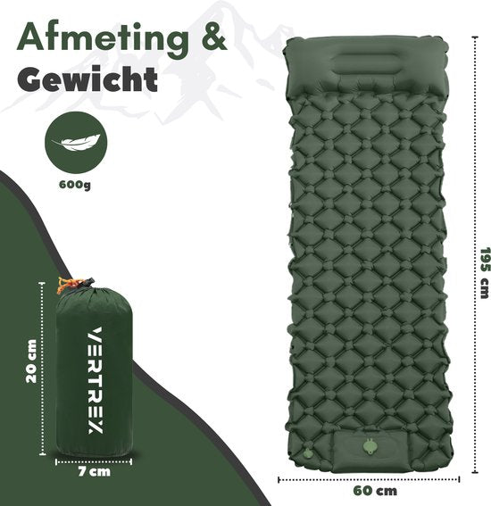 Vertrex Inflate-X1 Slaapmat met Ingebouwde Pomp - Luchtbed - 1 Persoons - Mosgroen
