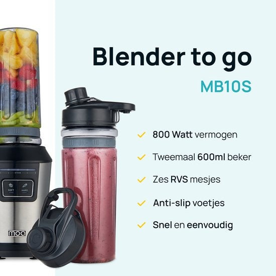 MOA Blender - Blender to Go - Mini Blender - 2 Tritan Bekers van 600ml - Smoothie Maker - 800W - Zilverkleurig - MB10S