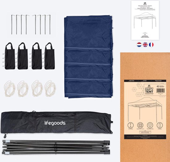 LifeGoods Partytent - Paviljoen - Easy Up - Opvouwbaar - Waterdicht - Met Draagtas - 297 x 440 cm – Donkerblauw