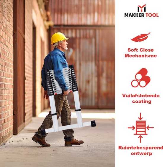 Makker Tool Telescoopladder 3,2 meter – Stabilisatievoet & Soft Close