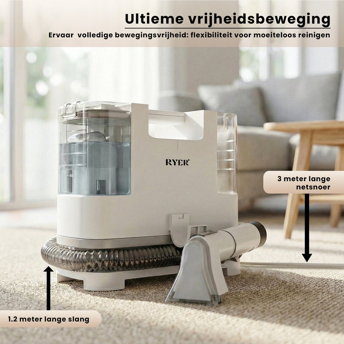 Ryer Vlekkenreiniger - Wit - 400 W - 9000 Pa Zuigkracht - Dubbele Watertanks 1,9 L - 4 Opzetstukken - 30 x 15 x 30 cm
