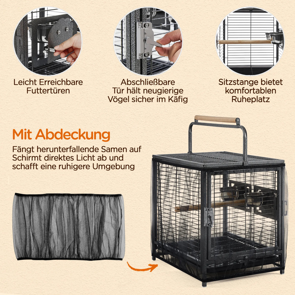 Yaheetech Vogelkooi Met Handgreep – Voorzien Van Houten Zitstokken En Waterafstotende Coating En Afsluitbare Deur – Voor Kanaries En Grasparkieten – Zwart Metaal Kunststof En Hout – 48,5 x 39 x 65 cm