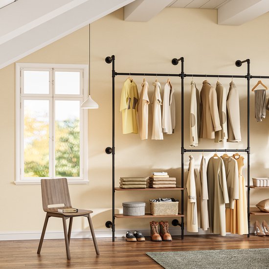 SoBuy wandgemonteerde kledingstang met 4 hangstangen en 4 MDF-planken, open kledingkast, draagvermogen 120 kg voor slaapkamer, 265x48x220 cm, industrieel zwart KLS19-SCH