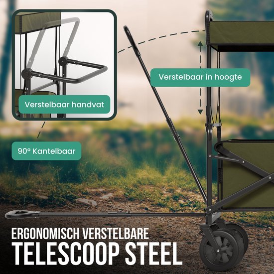 Avalo Bolderkar Met Dak XL Opvouwbaar - Tot 110KG Draagvermogen - 120L - 97x60x105 CM - 360º Wielen - Bolderwagen / Bolderkarren / Strandkar / Trekkar / Plooibare Bolderkar - Voor Strand - Groen