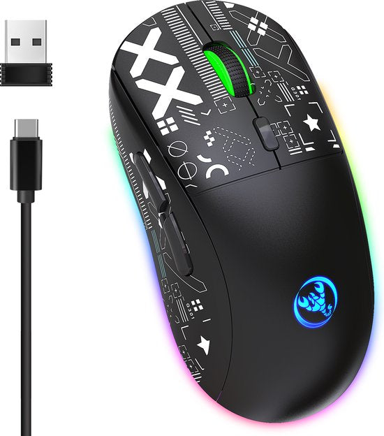 HXSJ T90 2.4G Stille Draadloze Gaming Muis - Bluetooth - Computermuizen - Ultra licht - RGB Verlichting - Zwart